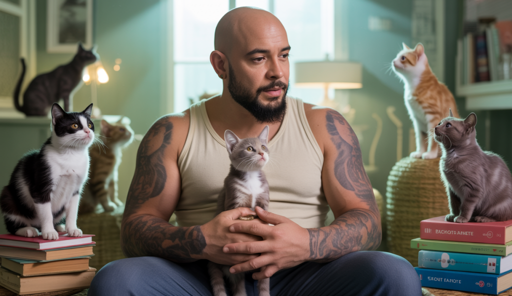 Jackson Galaxy, un expert en communication féline, expliquant les miaulements de chat dans un environnement chaleureux.