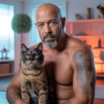 Portrait professionnel de Jackson Galaxy, expert en comportement félin, souriant avec un chat près de lui dans un intérieur chaleureux