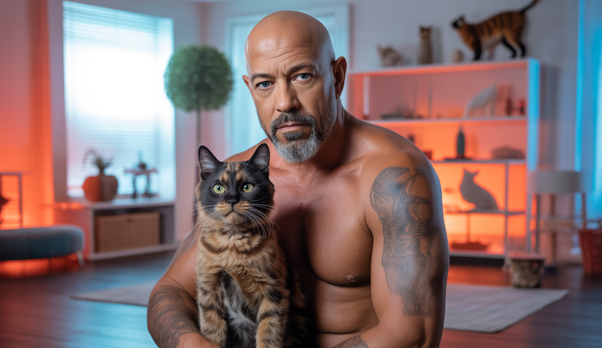 Portrait professionnel de Jackson Galaxy, expert en comportement félin, souriant avec un chat près de lui dans un intérieur chaleureux