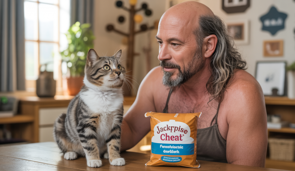 Jackson Galaxy utilisant la méthode Jackpot Treat pour renforcer la confiance d'un chat avec des récompenses stratégiques dans un environnement enrichi