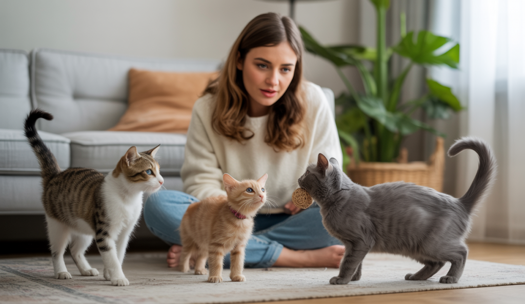Illustration d'une femme, LULU, observant attentivement des chats dans un intérieur chaleureux, capturant la complexité des interactions sociales félines et brisant les stéréotypes sur l'indépendance des chats.