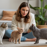 Illustration d'une femme, LULU, observant attentivement des chats dans un intérieur chaleureux, capturant la complexité des interactions sociales félines et brisant les stéréotypes sur l'indépendance des chats.