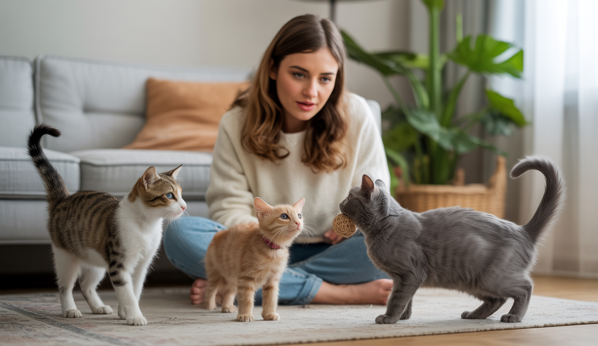Illustration d'une femme, LULU, observant attentivement des chats dans un intérieur chaleureux, capturant la complexité des interactions sociales félines et brisant les stéréotypes sur l'indépendance des chats.