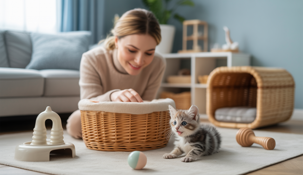 Une jeune femme, probablement la propriétaire, surveille attentivement un petit chaton en train de jouer, entourée de jouets, d'une boîte de transport ouverte, d'une gamelle de nourriture et d'une litière, dans un intérieur douillet et sécurisé.