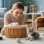 Une jeune femme, probablement la propriétaire, surveille attentivement un petit chaton en train de jouer, entourée de jouets, d'une boîte de transport ouverte, d'une gamelle de nourriture et d'une litière, dans un intérieur douillet et sécurisé.