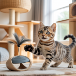 Chat domestique actif jouant avec un jouet interactif dans un environnement intérieur stimulant avec arbre à chat et tunnels, montrant un chat en pleine exploration et activité mentale