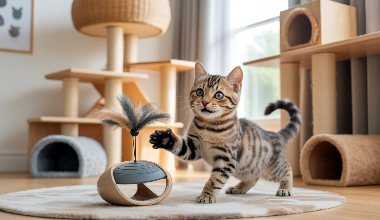 Chat domestique actif jouant avec un jouet interactif dans un environnement intérieur stimulant avec arbre à chat et tunnels, montrant un chat en pleine exploration et activité mentale
