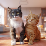 Cole, un chat noir et blanc au pelage lisse, et Marmalade, un chat roux à poils courts, jouent et interagissent dans un intérieur accueillant et lumineux.