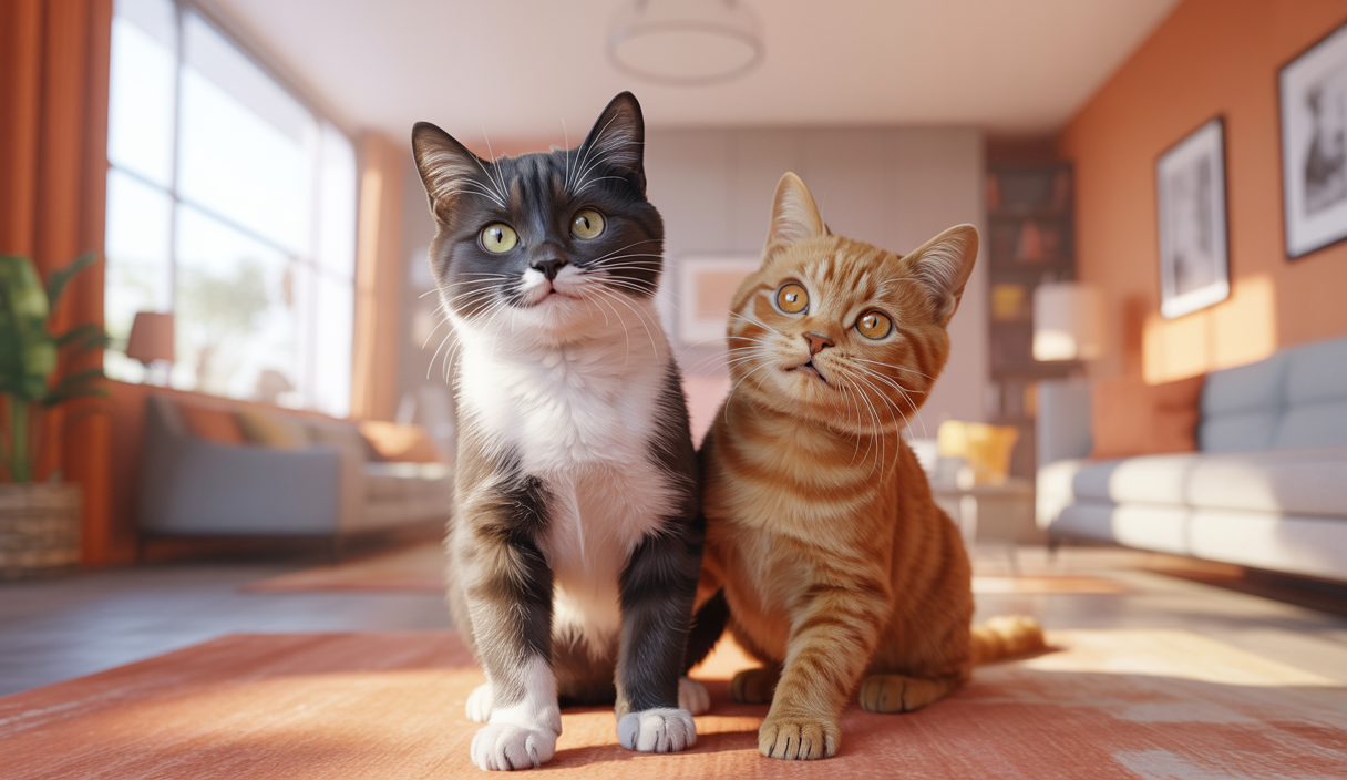 Cole, un chat noir et blanc au pelage lisse, et Marmalade, un chat roux à poils courts, jouent et interagissent dans un intérieur accueillant et lumineux.