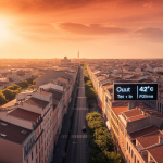 Paysage urbain en plein été avec forte canicule en France, ciel dégagé et lumière chaude intense sur les toits et rues, températures affichées autour de 42°C