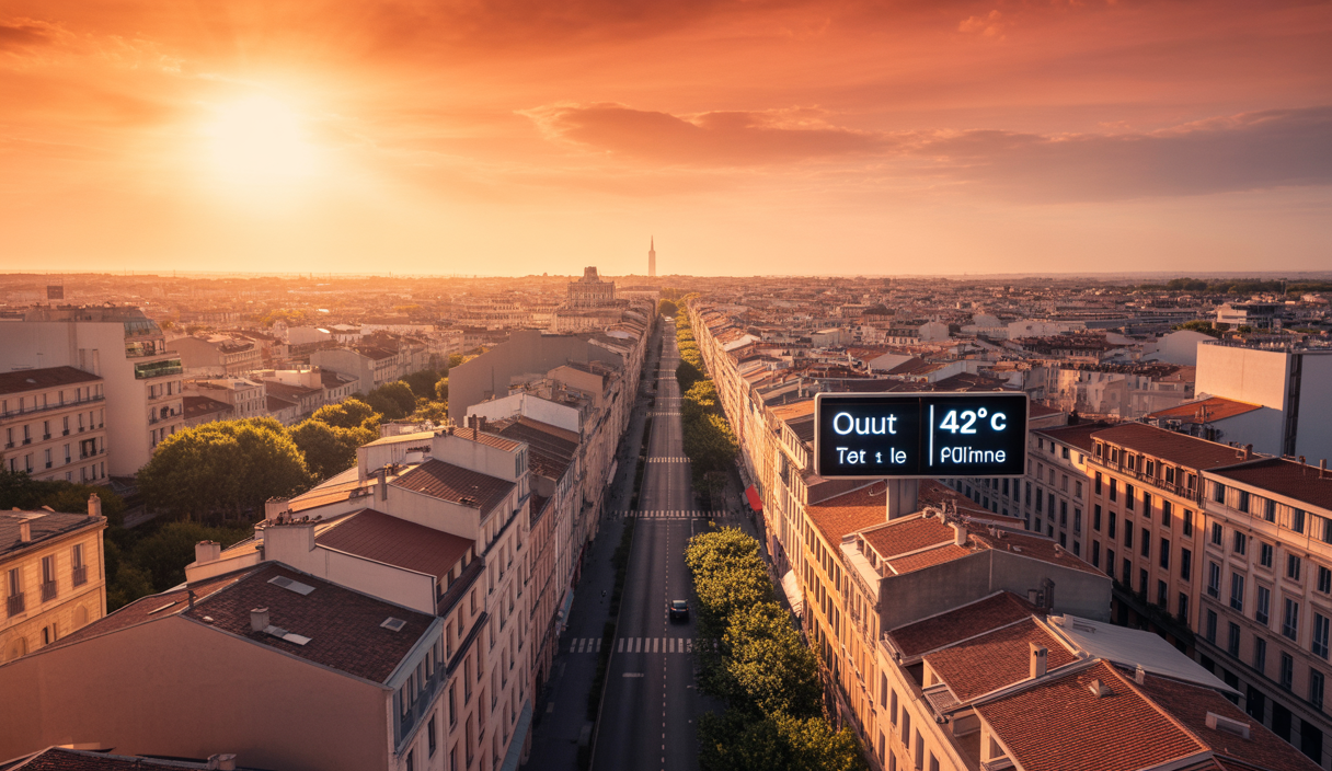 Paysage urbain en plein été avec forte canicule en France, ciel dégagé et lumière chaude intense sur les toits et rues, températures affichées autour de 42°C