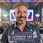 Jackson Galaxy, expert en comportement félin, souriant lors de la Ultimate Cat Conference 2025 à Lebanon Tennessee, devant une bannière de conférence avec des motifs félins