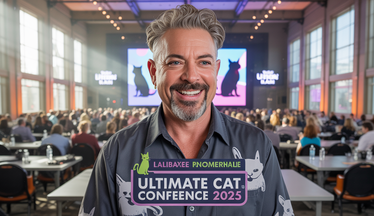 Jackson Galaxy, expert en comportement félin, souriant lors de la Ultimate Cat Conference 2025 à Lebanon Tennessee, devant une bannière de conférence avec des motifs félins