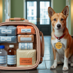 Sac d’évacuation pour animaux avec équipement d’urgence complet posé sur une table, avec un animal de compagnie identifiable à côté, dans un cadre domestique chaleureux