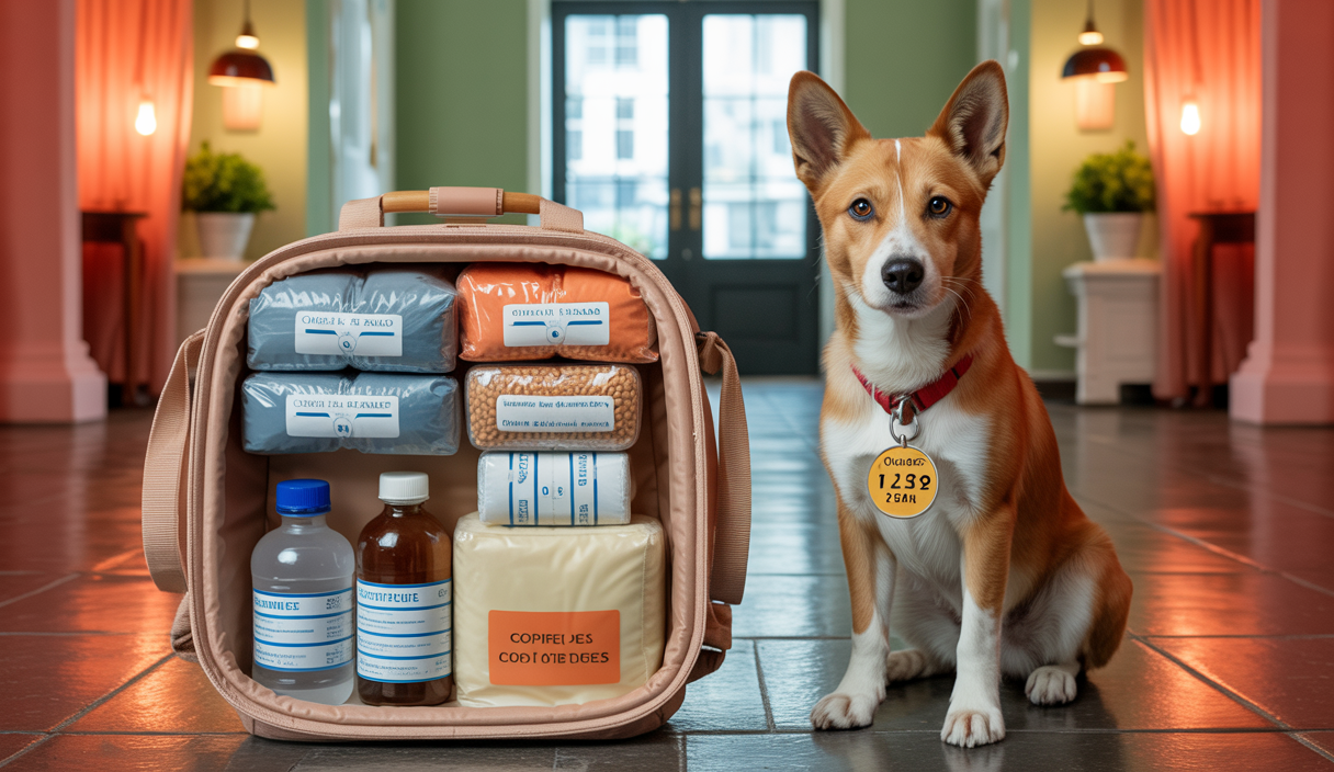 Sac d’évacuation pour animaux avec équipement d’urgence complet posé sur une table, avec un animal de compagnie identifiable à côté, dans un cadre domestique chaleureux