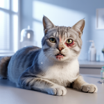 Chat malade présentant des signes critiques comme léthargie et pelage terne, avec un fond montrant des éléments vétérinaires pour premiers secours