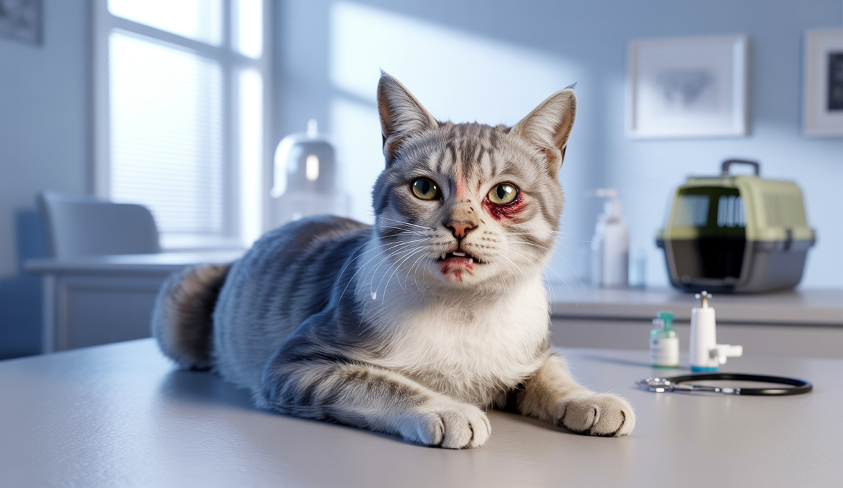 Chat malade présentant des signes critiques comme léthargie et pelage terne, avec un fond montrant des éléments vétérinaires pour premiers secours