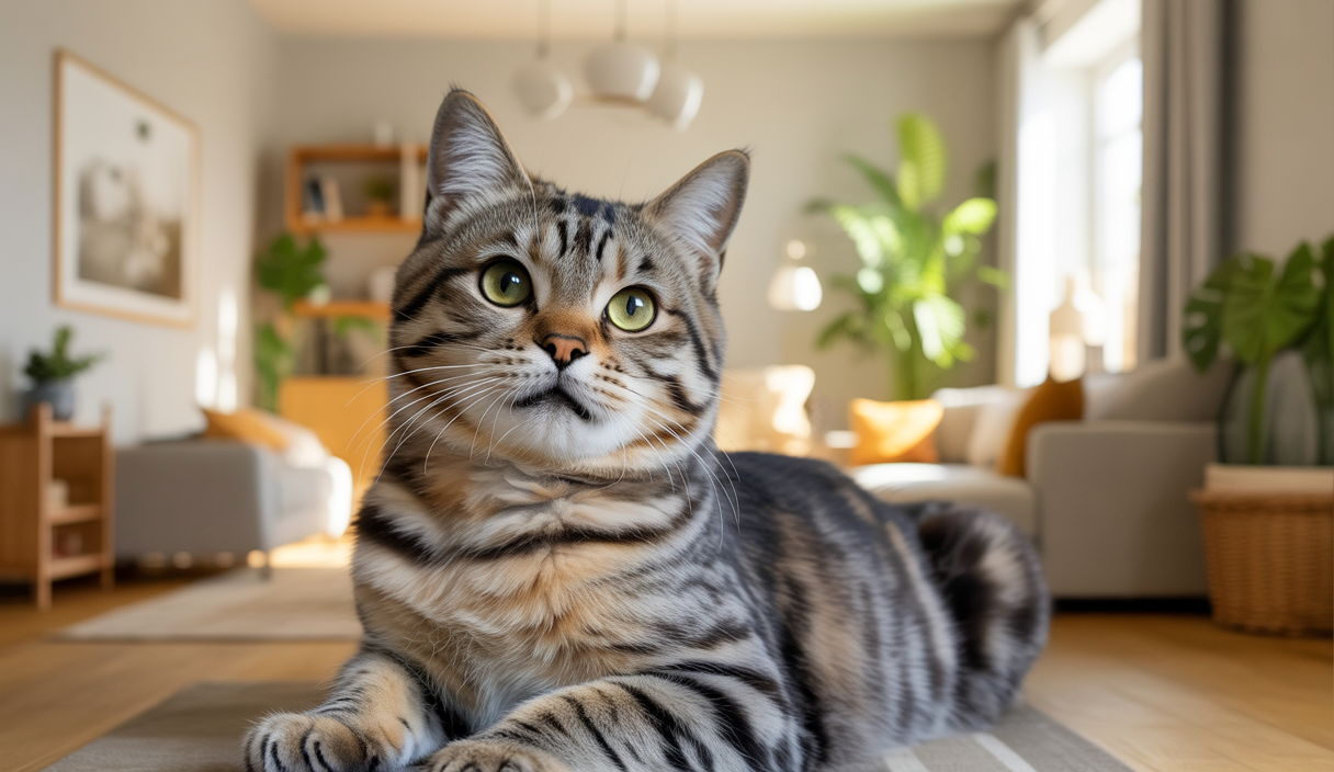 Chat domestique observant avec une queue droite et légèrement vibrante exprimant diverses émotions