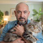 Jackson Galaxy donnant des conseils pour améliorer la santé, le bien-être et la longévité des chats, illustration montrant un homme caucasien d'âge moyen avec cheveux longs et barbe, tenant un chat dans un environnement domestique chaleureux et naturel